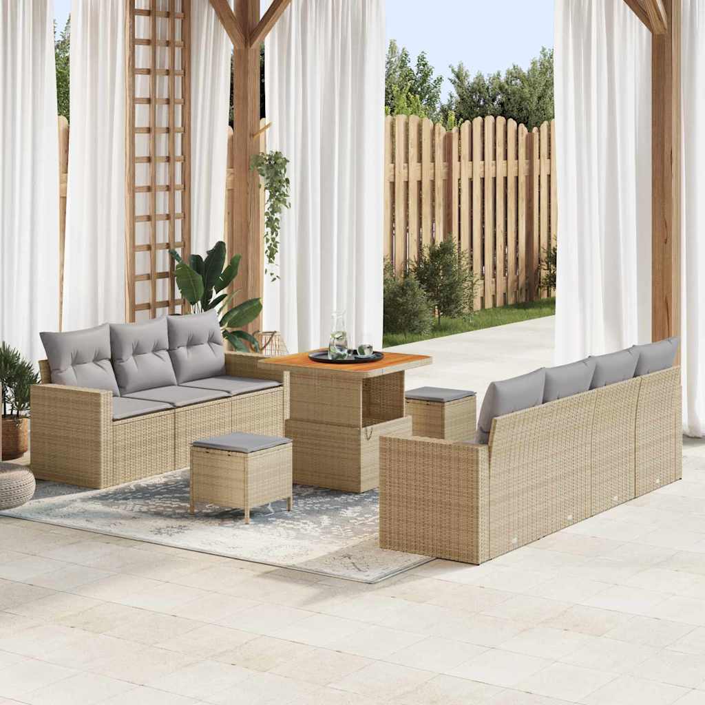 Set Divano da Giardino 10 Pezzi con Cuscini Beige Polyrattan Acacia