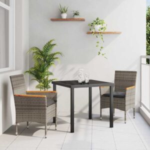 Set da Pranzo Giardino 3 Pezzi con Cuscini Grigio Rattan Sintetico