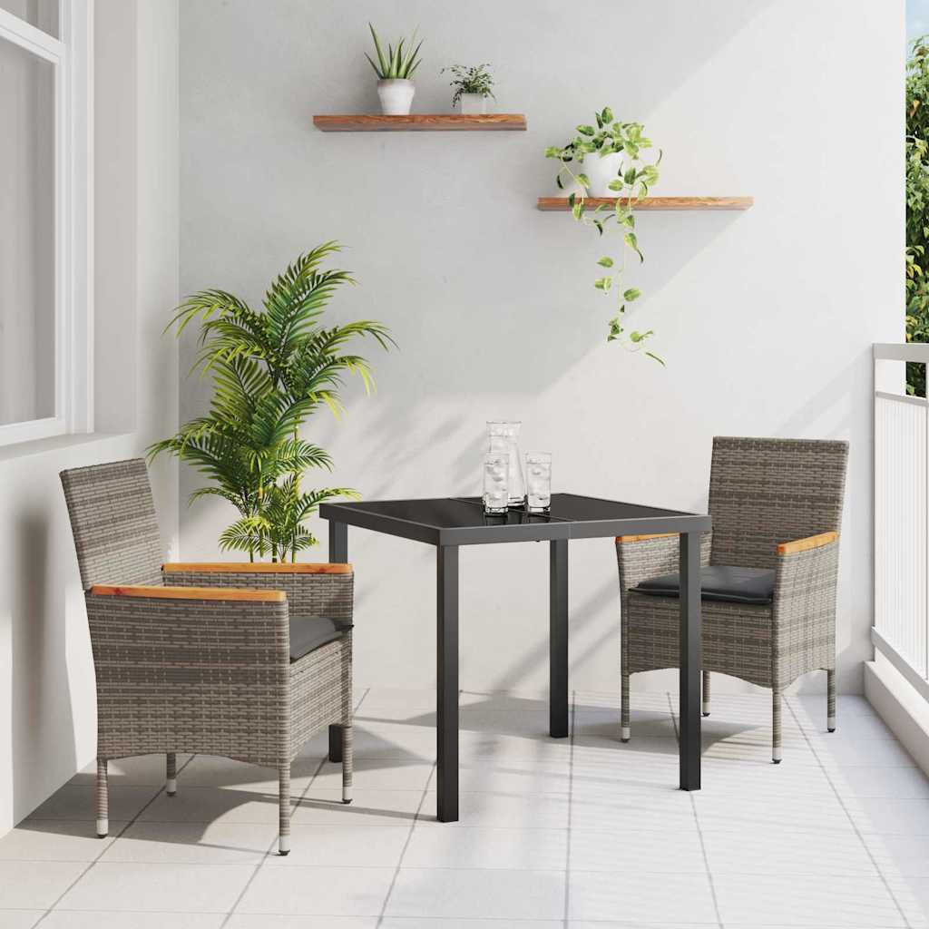 Set da Pranzo Giardino 3 Pezzi con Cuscini Grigio Rattan Sintetico