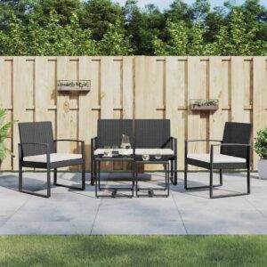 Set da Pranzo da Giardino 5 pz Nero con Cuscini in Rattan PP