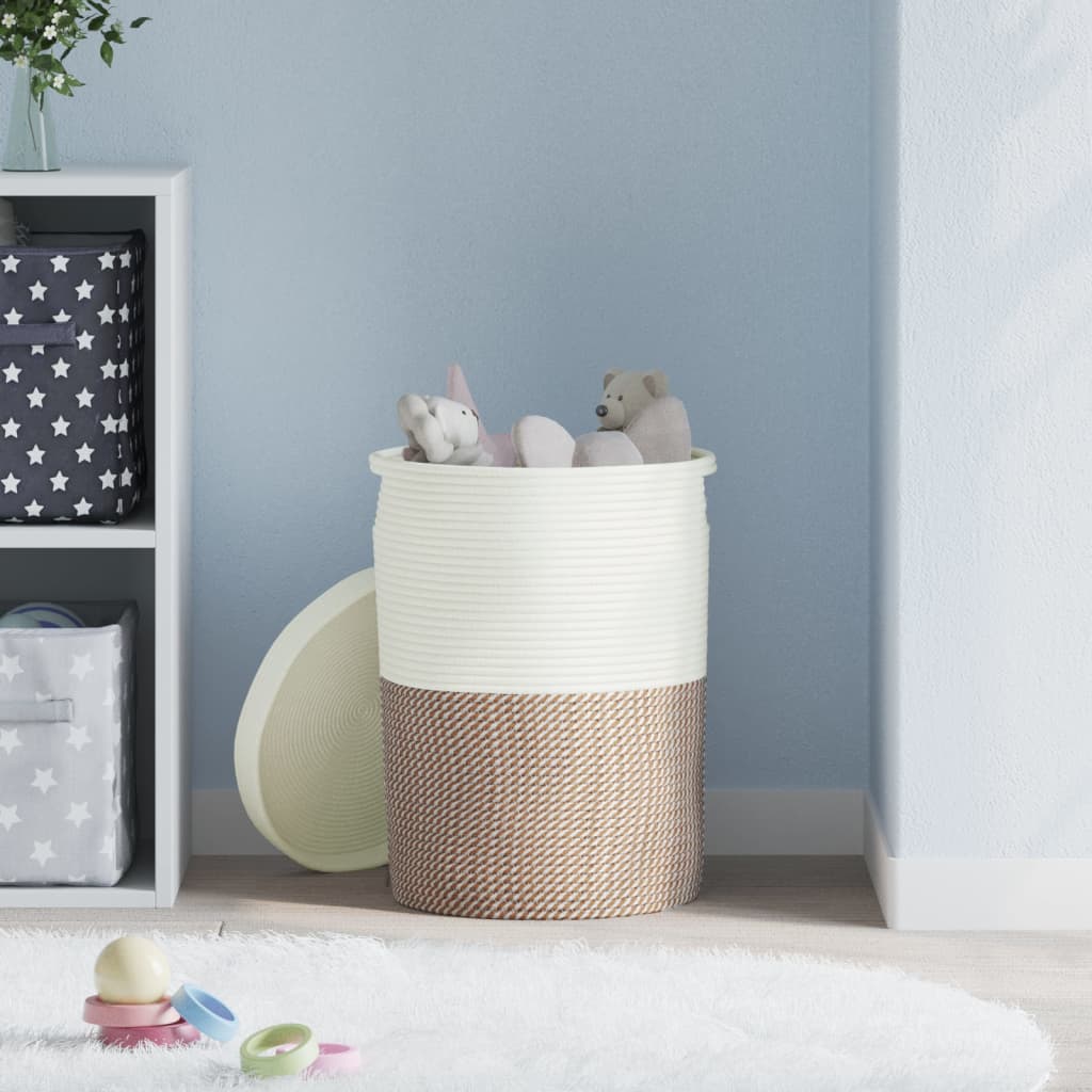 Cestino Portaoggetti Coperchio Marrone e Bianco Ø37x50cm Cotone - immagine 3