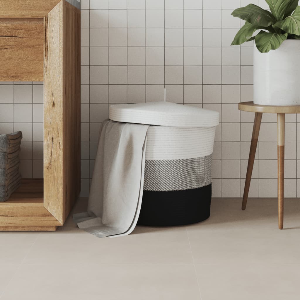 Cestino Portaoggetti con Coperchio Bianco Nero Ø40x35cm Cotone - immagine 3