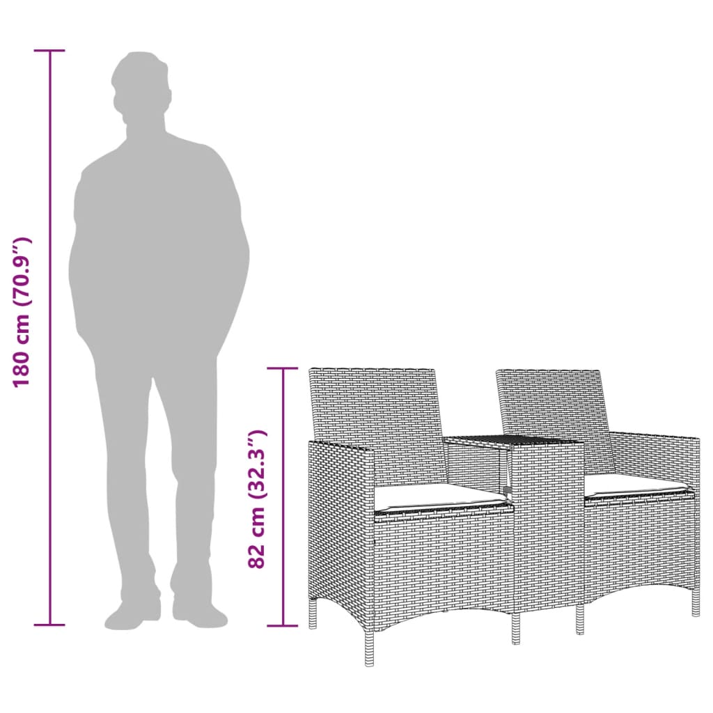 Divano Giardino 2 Posti con Tavolo e Cuscini Grigio Polyrattan - immagine 8