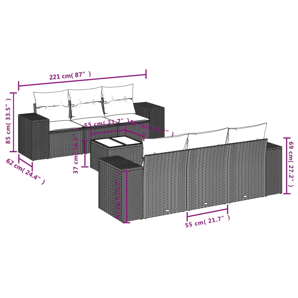 Set Divani da Giardino con Cuscini 7pz Nero Polyrattan - immagine 6