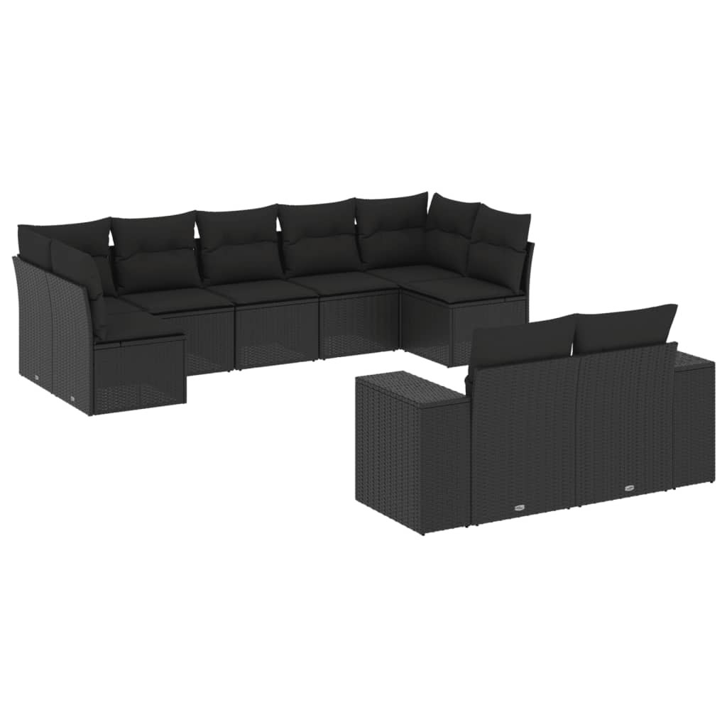 Set Divani da Giardino 9 pz con Cuscini Nero in Polyrattan - immagine 2