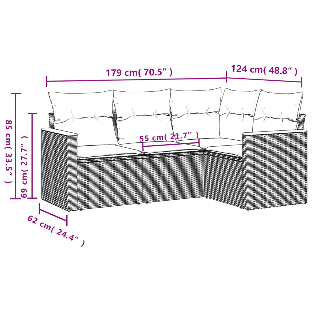 Set Divani da Giardino 4 pz con Cuscini in Polyrattan Grigio - immagine 6