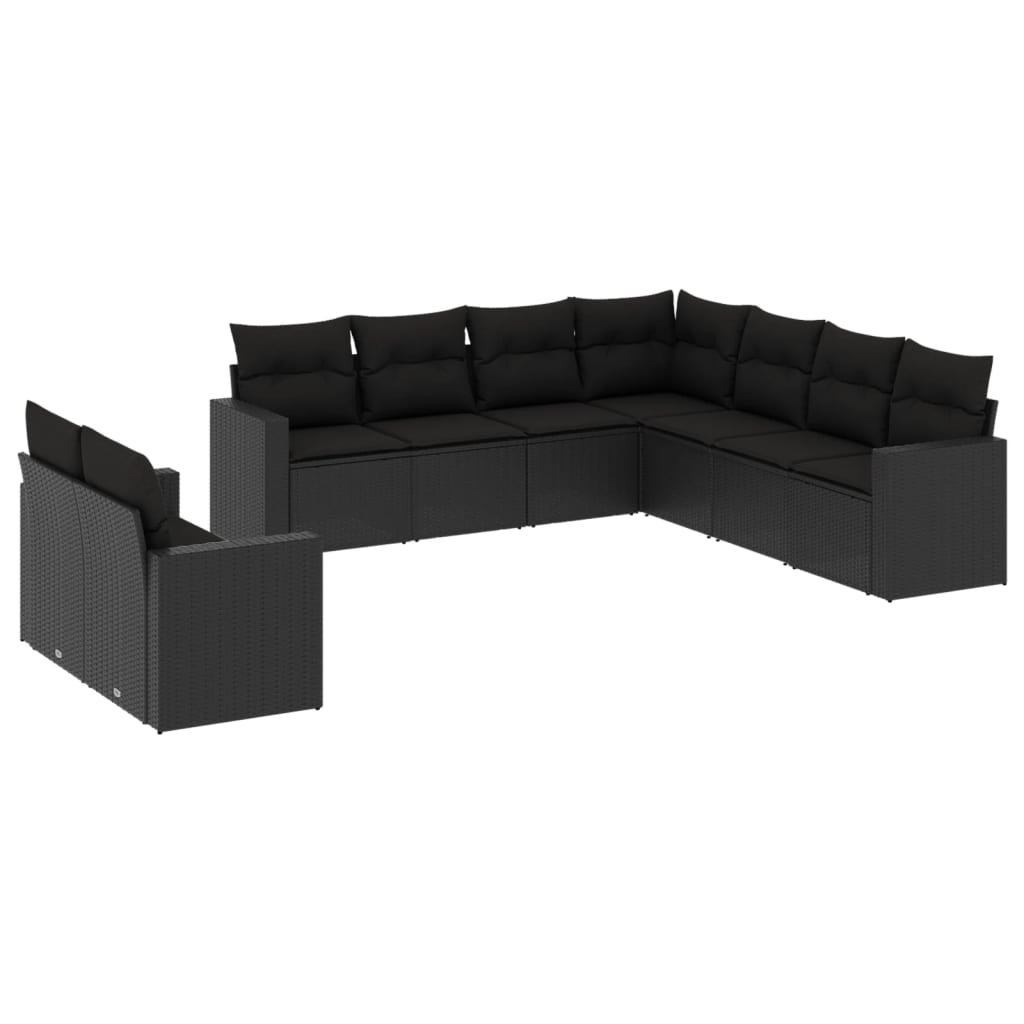 Set Divani da Giardino 9 pz con Cuscini Nero in Polyrattan - immagine 2