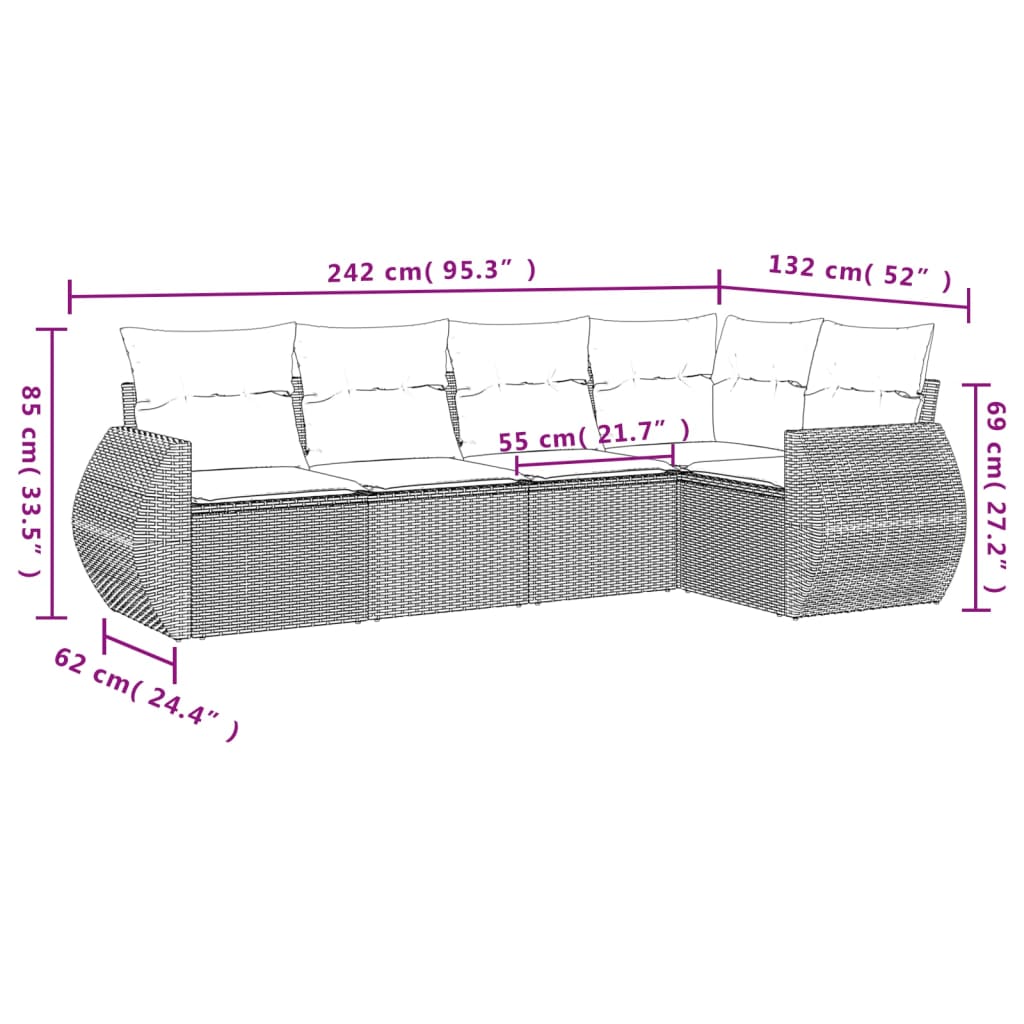 Set Divano da Giardino 5 pz con Cuscini Beige in Polyrattan - immagine 3