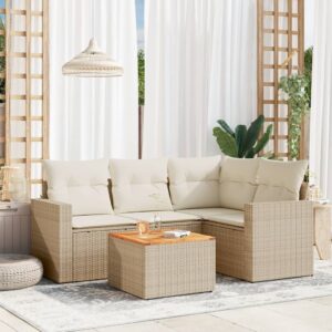 Set Divano da Giardino 5 pz con Cuscini Beige in Polyrattan
