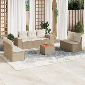 Set Divano da Giardino 8 pz con Cuscini Beige in Polyrattan