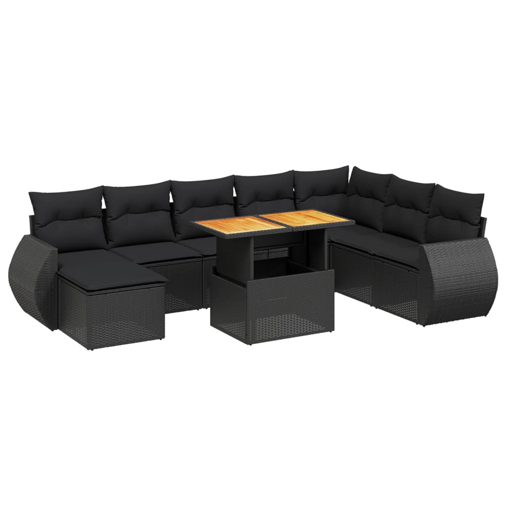 Set Divani da Giardino 9 pz con Cuscini Nero in Polyrattan - immagine 2