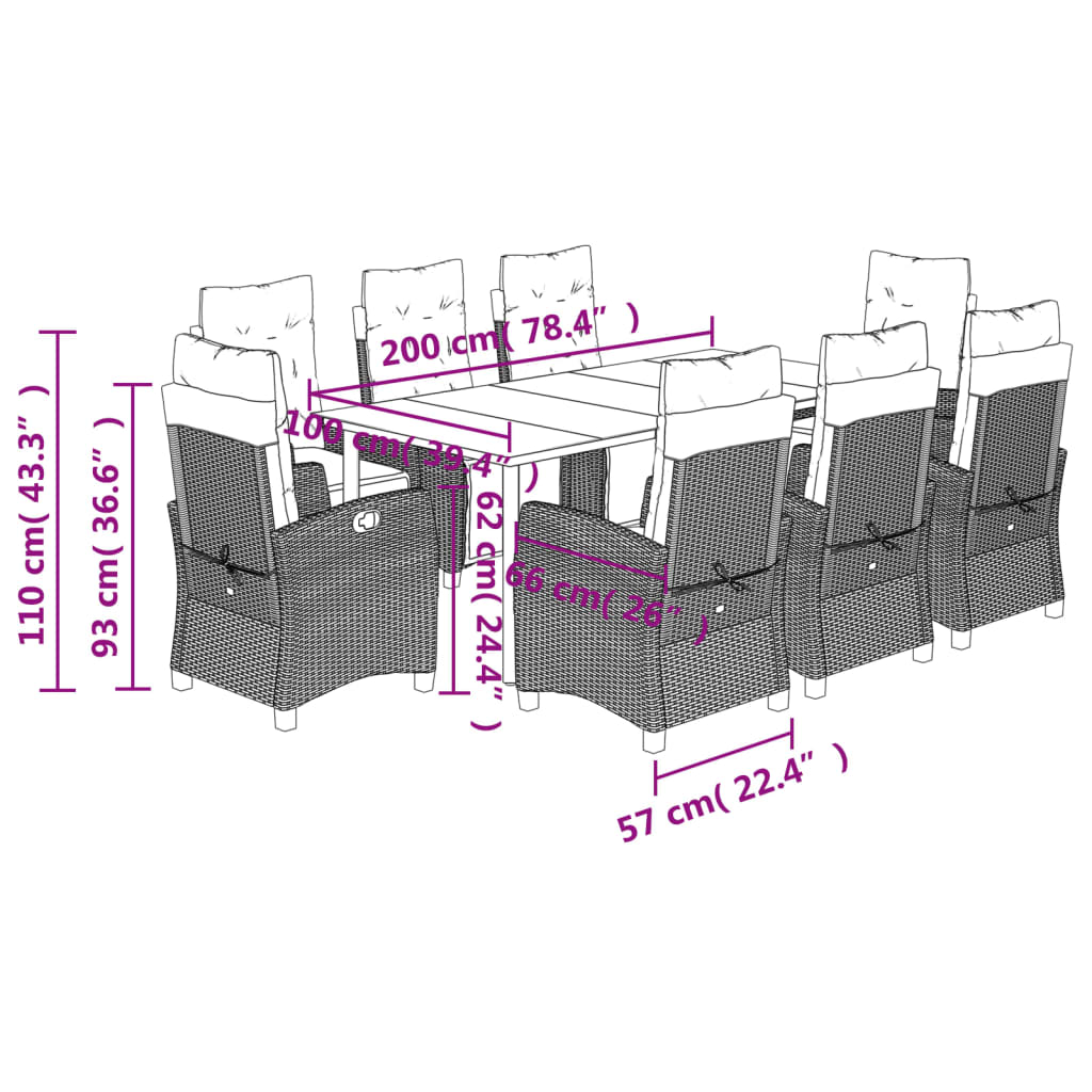 Set da Pranzo da Giardino 5 pz Nero con Cuscini in Polyrattan - immagine 8