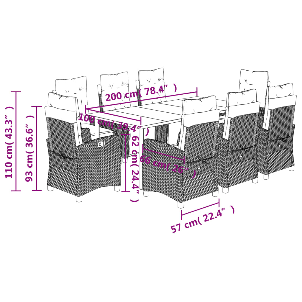 Set da Pranzo da Giardino 9 pz con Cuscini in Polyrattan Grigio - immagine 8