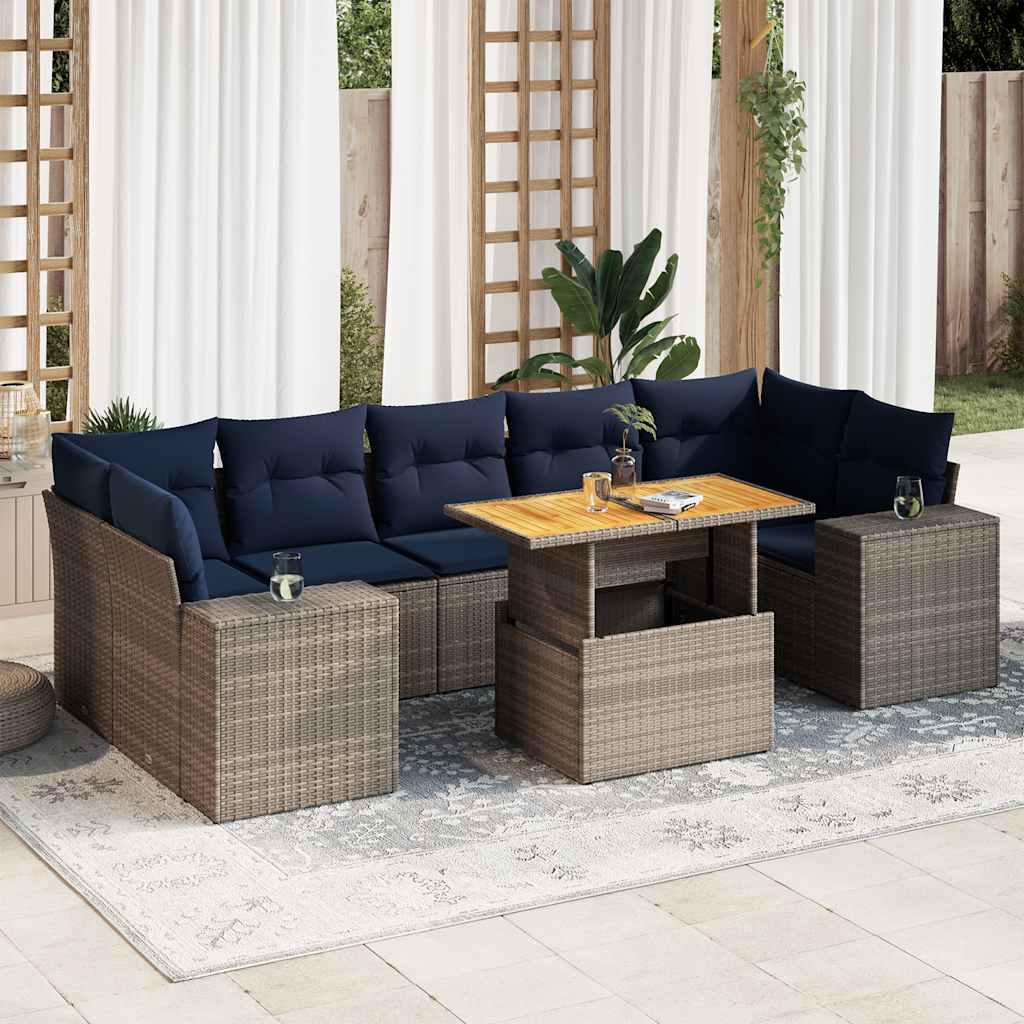 Set Divano da Giardino 8 pz con Cuscini Grigio in Polyrattan