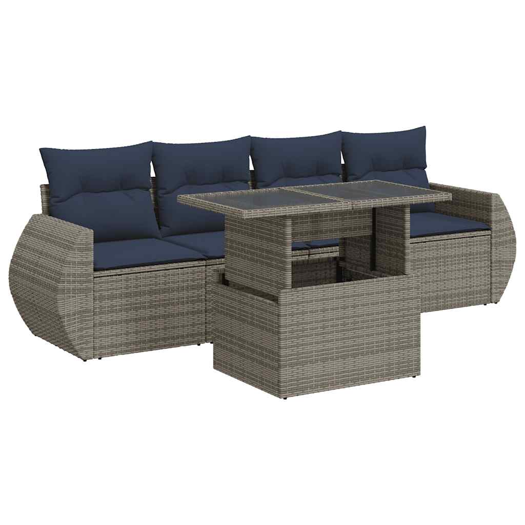 Set Divano da Giardino 5 pz Cuscini Marrone Polyrattan e Acacia - immagine 2