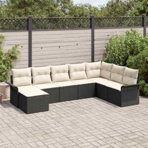 Set Divano da Giardino con cuscino 8 pcs Nero Poly Rattan