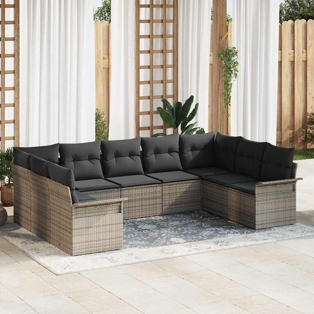 Set Divano da Giardino con cuscino 9 pcs Grigio Poly Rattan