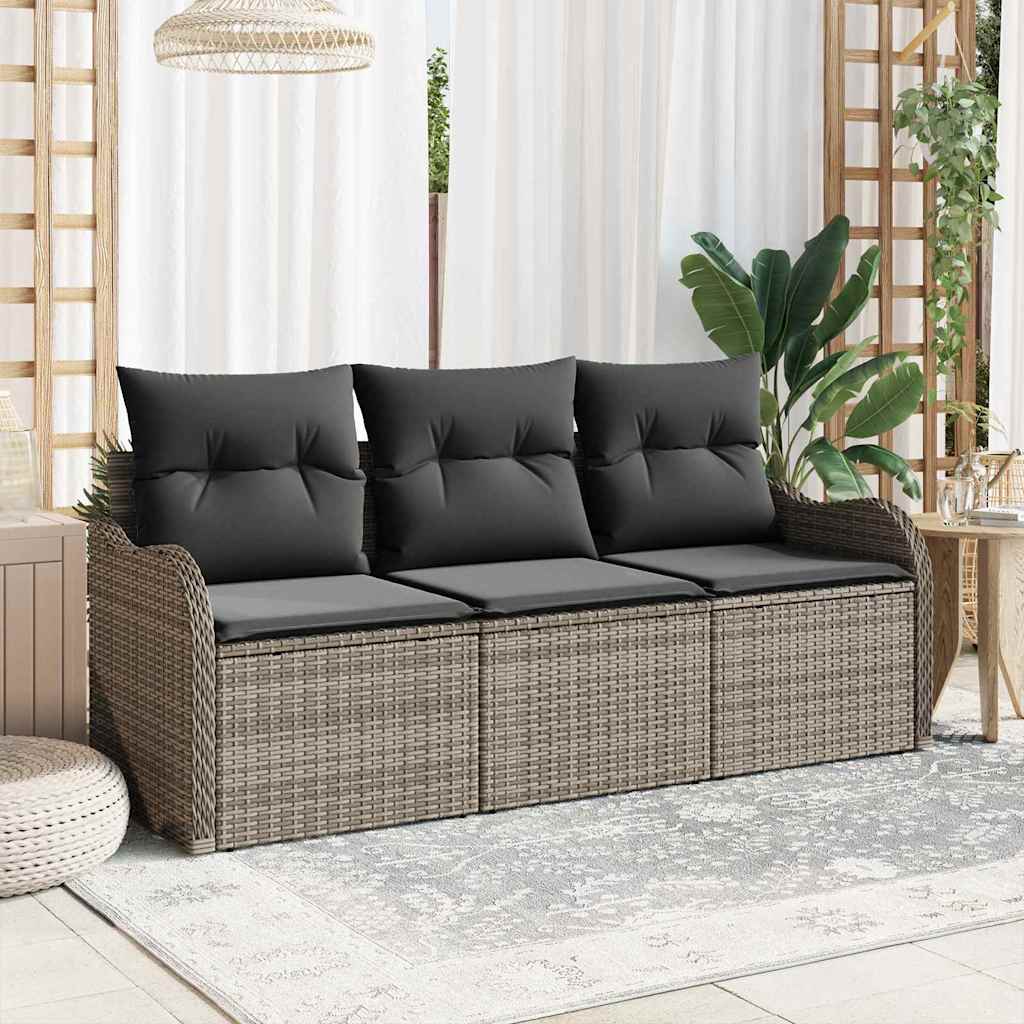 Set Divano da Giardino con cuscino 3 pcs Grigio Poly Rattan