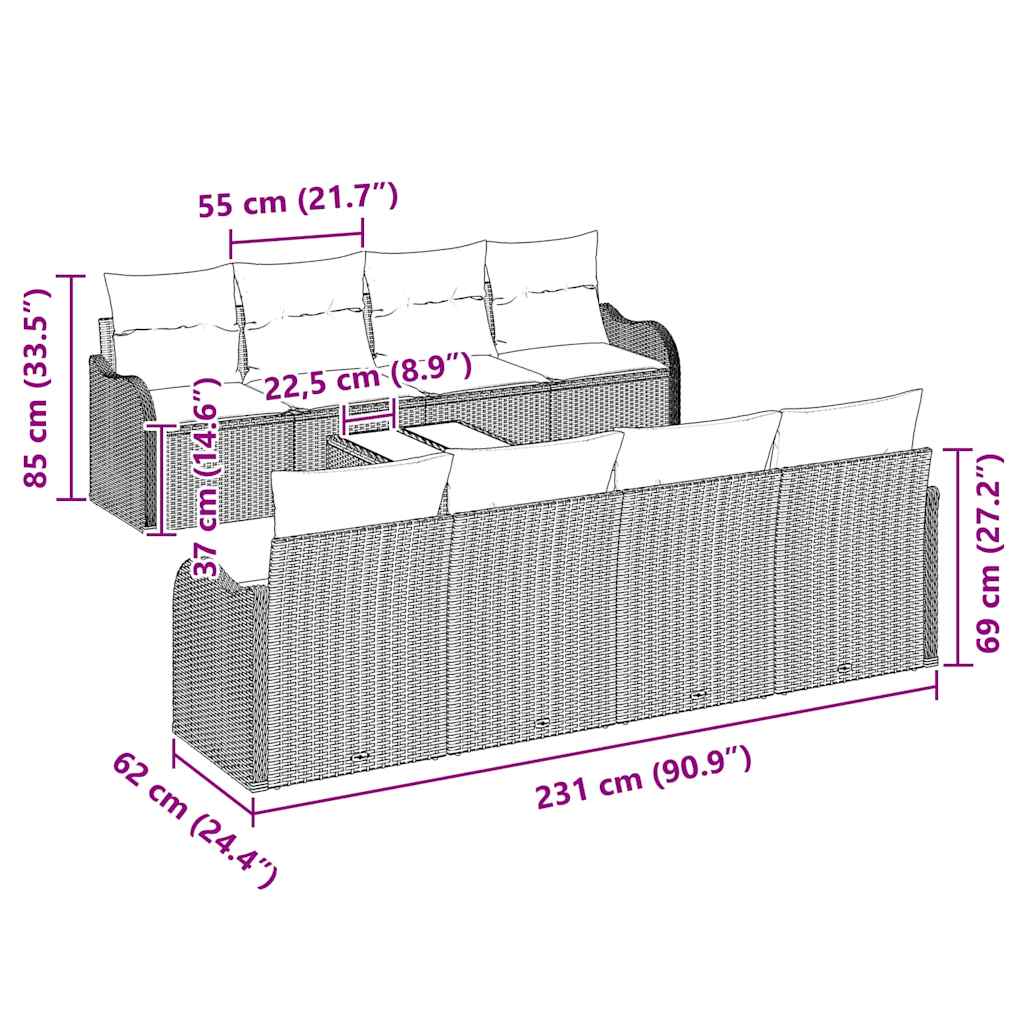 Set Divano da Giardino 9 pcs Nero 55 x 55 x 37 cm Poly Rattan - immagine 8