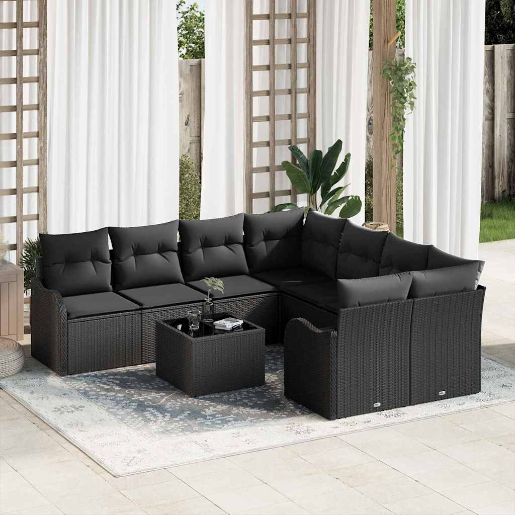 Set Divano da Giardino 9 pcs Nero 55 x 55 x 37 cm Poly Rattan
