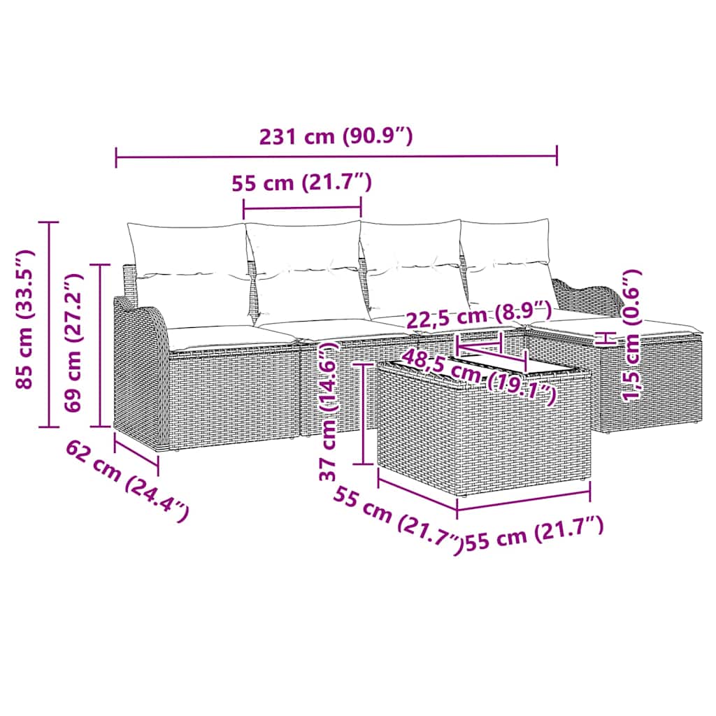 Set Divano da Giardino con cuscino 6 pcs Grigio Poly Rattan - immagine 9