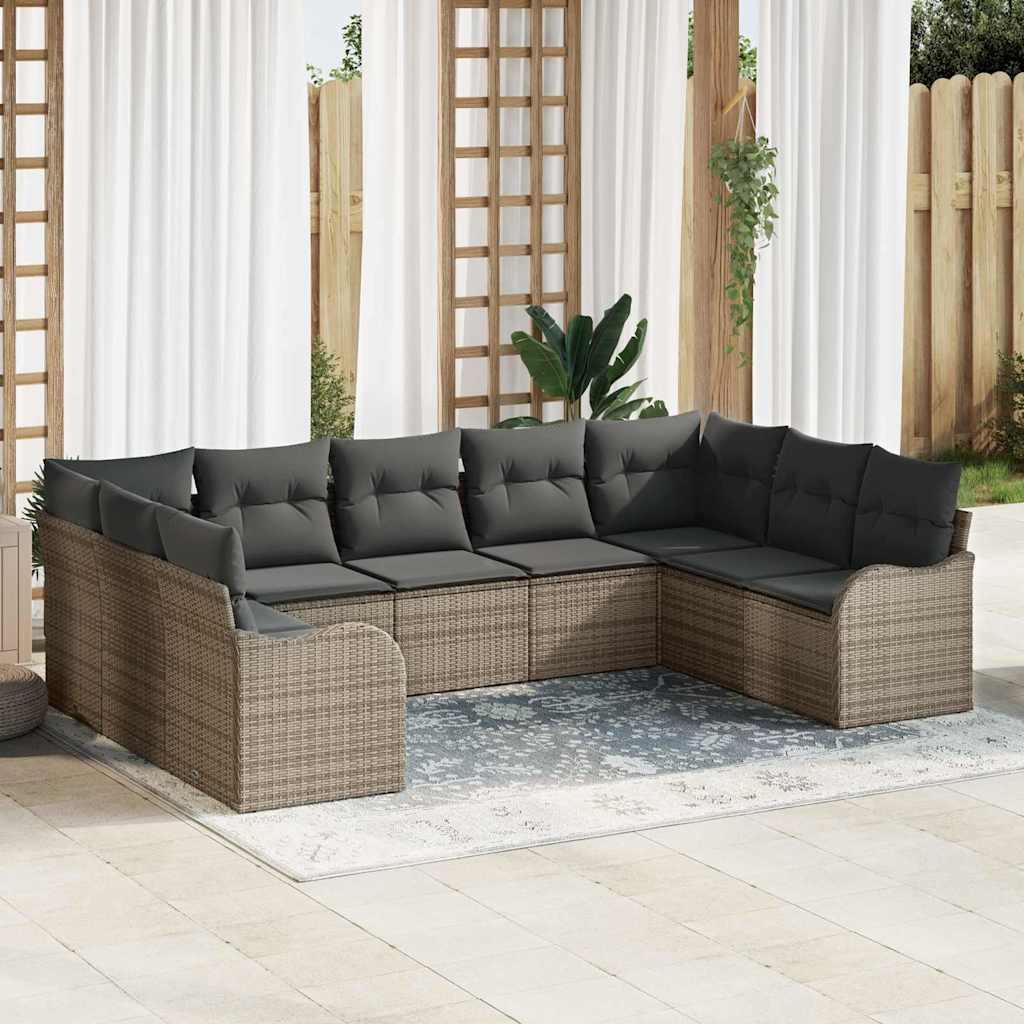 Set Divano da Giardino con cuscino 9 pcs Grigio Poly Rattan