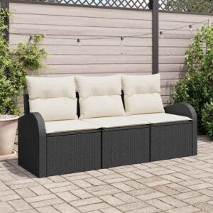 Set Divano da Giardino con cuscino 3 pcs Nero Poly Rattan