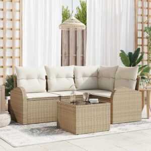Set Divano da Giardino con cuscino 5 pcs Beige Poly Rattan