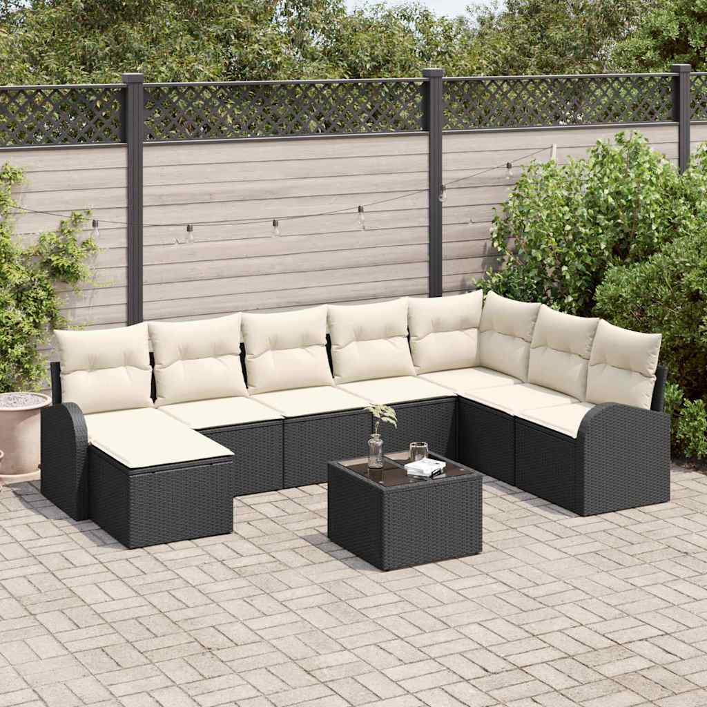 Set Divano da Giardino con cuscino 9 pcs Nero Poly Rattan