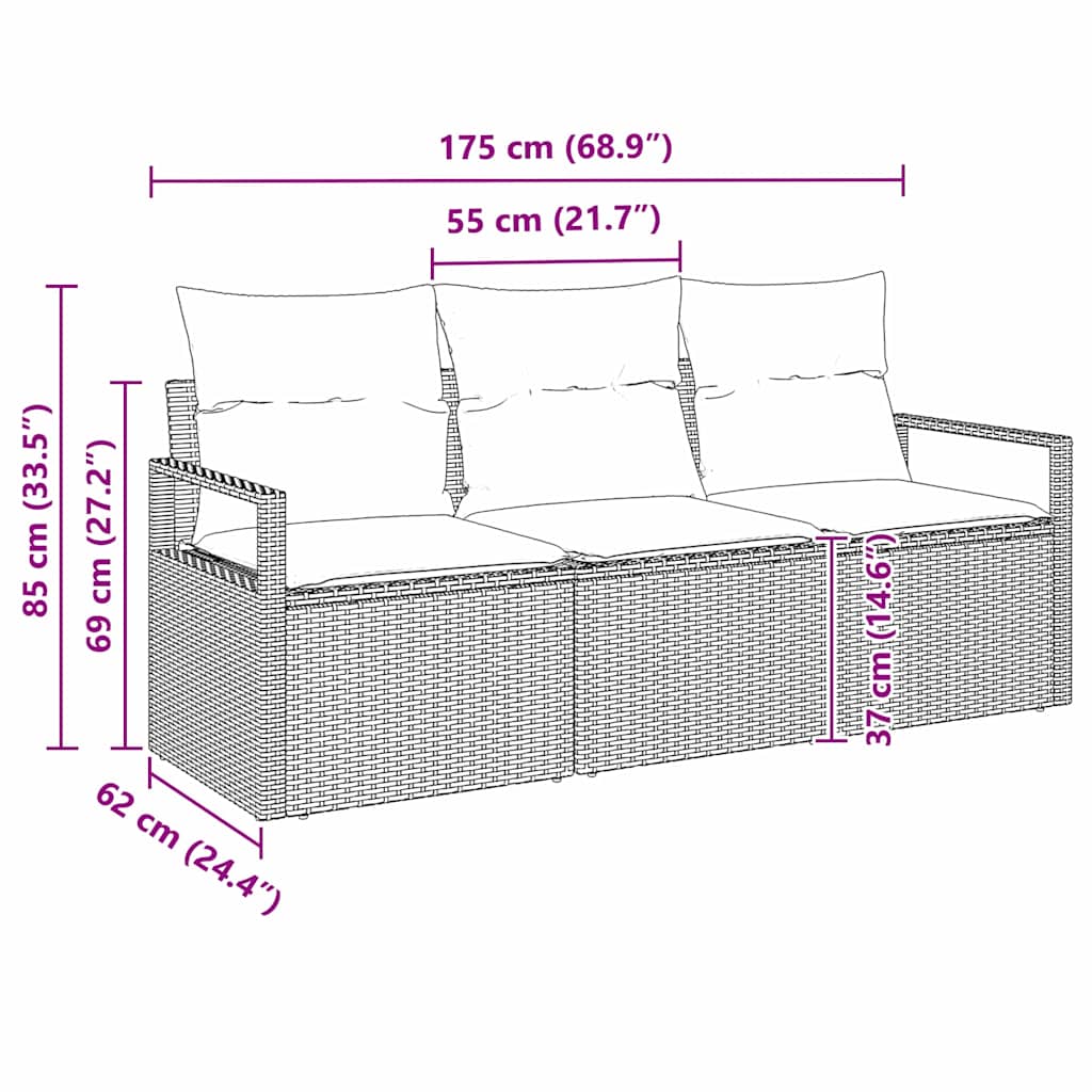 Set Divano da Giardino 3 pcs Marrone Poly Rattan - immagine 6