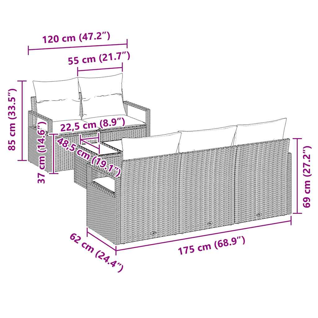 Set di divani 6 pcs Marrone e Crema polyrattan - immagine 7