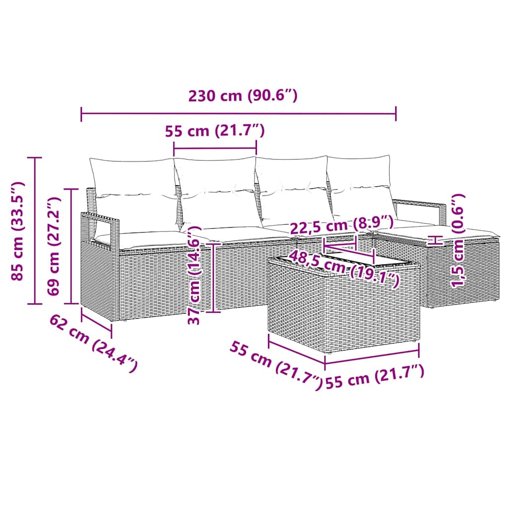 Set Divano da Giardino 5 pcs Nero Poly Rattan - immagine 8
