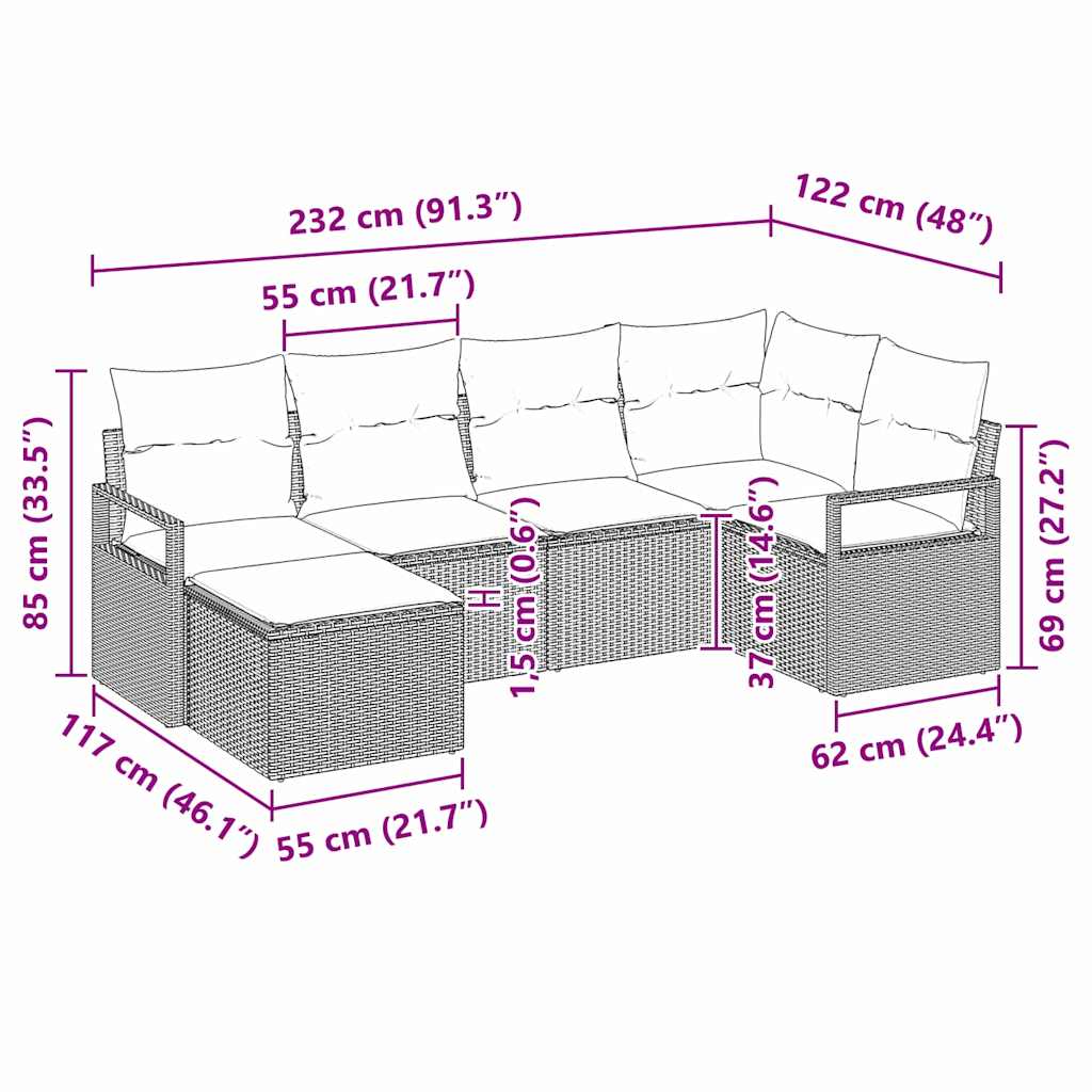 Set Divano da Giardino 6 pcs Beige Poly Rattan - immagine 9