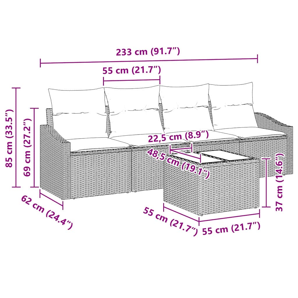Set Divano da Giardino con cuscino 5 pcs Beige e Grigio Chiaro - immagine 8