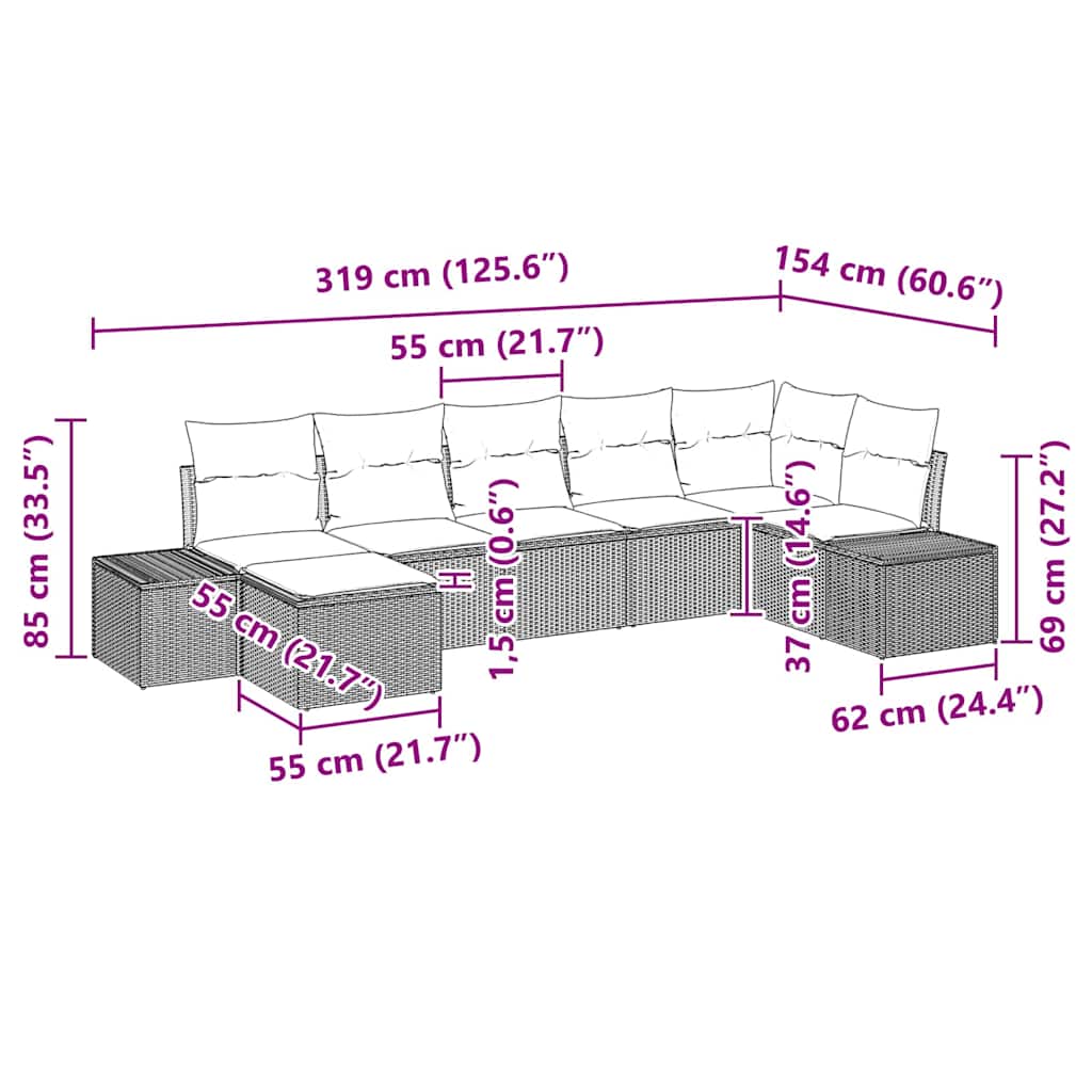 Set Divano da Giardino con cuscino 7 pcs Marrone Poly Rattan - immagine 9