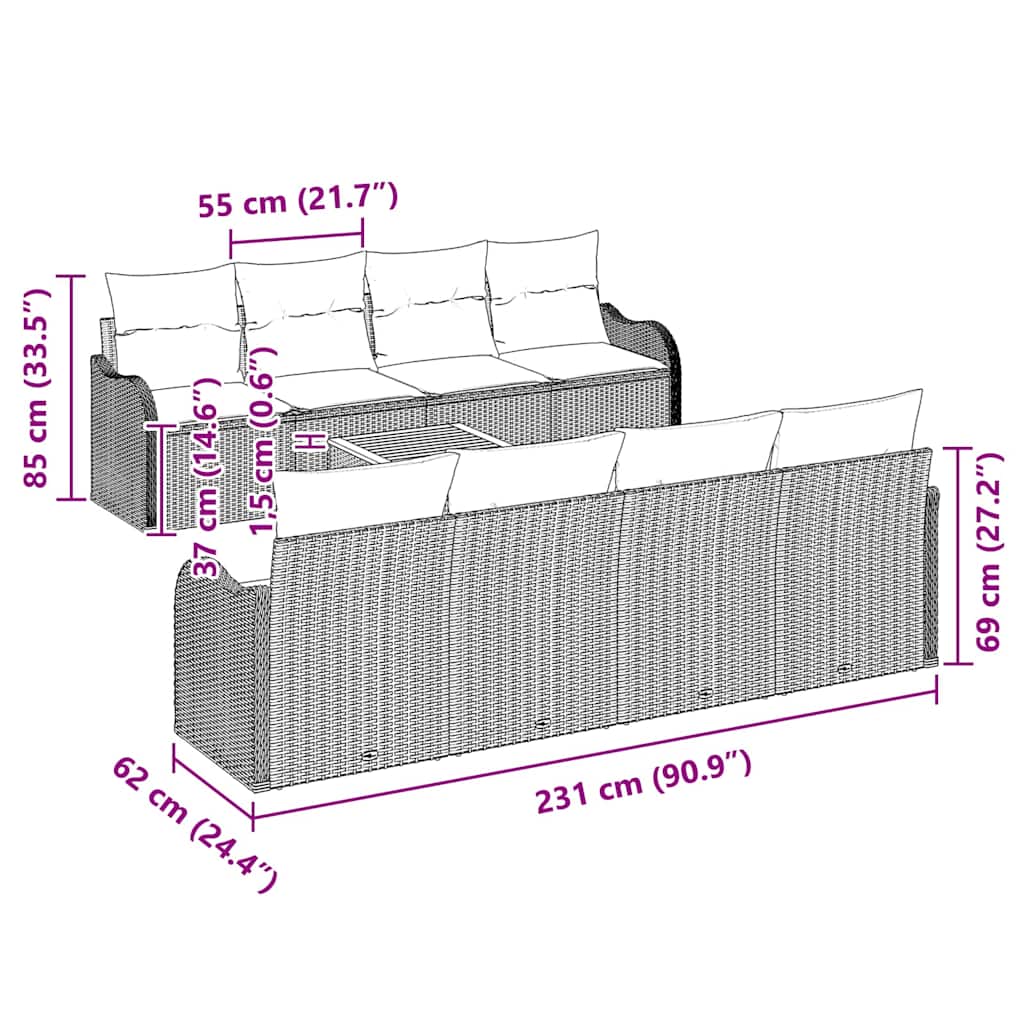 Set Divano da Giardino 9 pcs Beige Poly Rattan - immagine 8