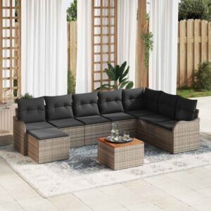 Set Divano da Giardino 9 pcs Grigio Poly Rattan