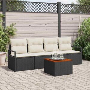 Set Divano da Giardino con cuscino 5 pcs Nero Poly Rattan