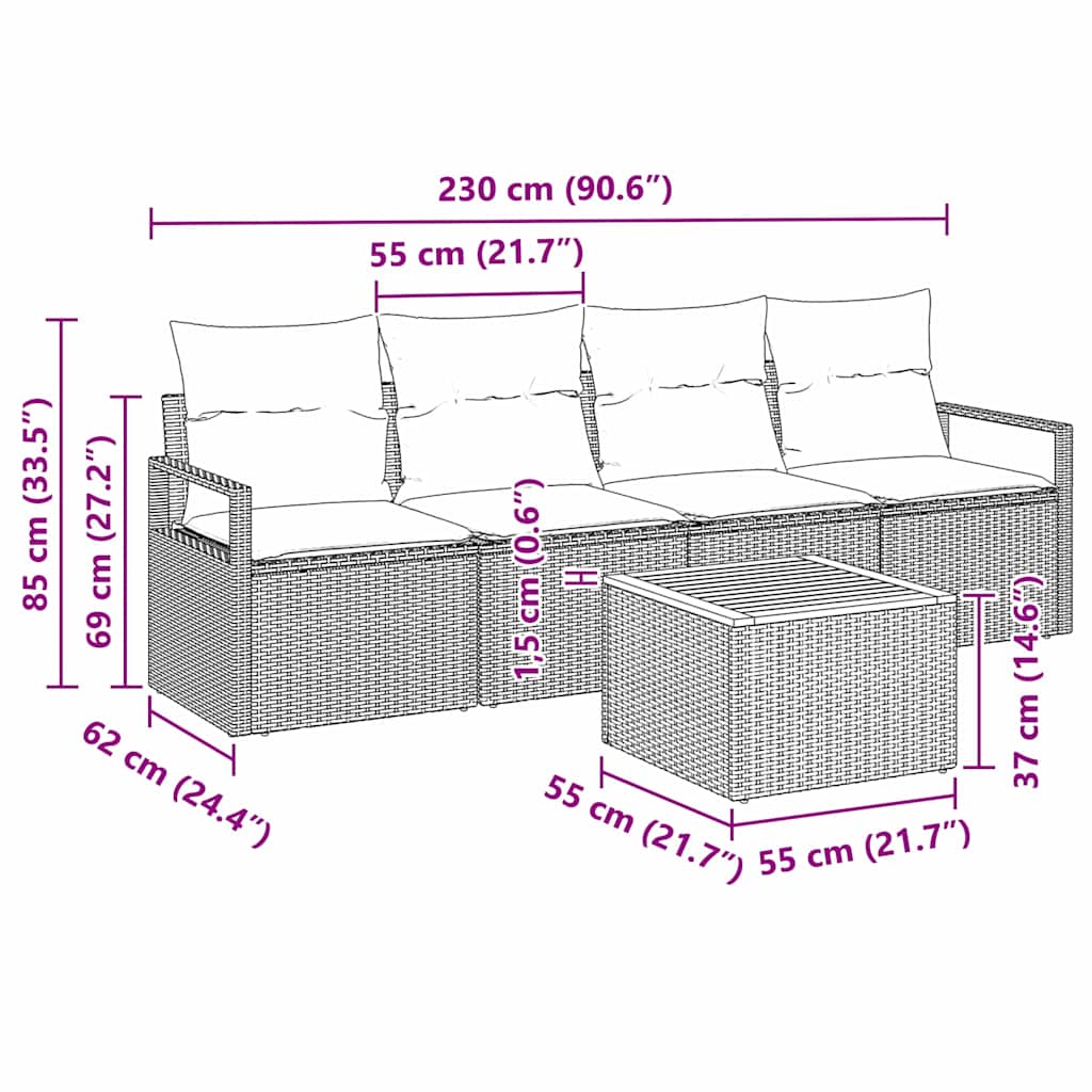 Set Divano da Giardino con cuscino 5 pcs Nero Poly Rattan - immagine 8