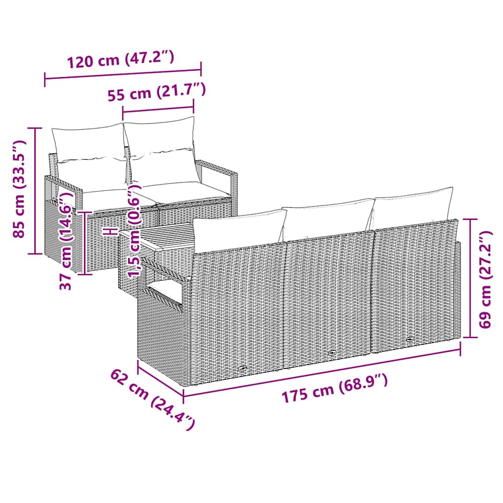 Set Divano da Giardino con cuscino 6 pcs Grigio Poly Rattan - immagine 8