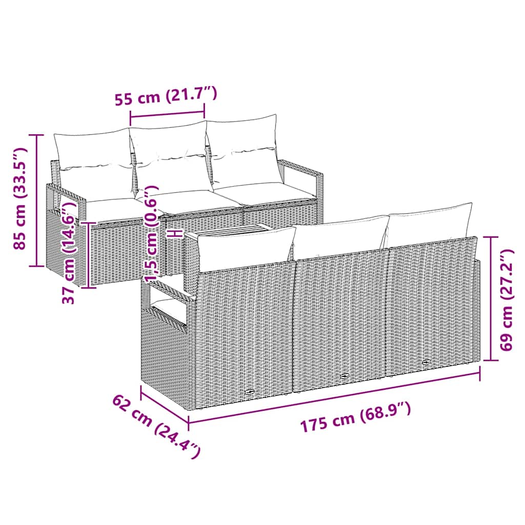 Set Divano da Giardino con cuscino 7 pcs Beige Poly Rattan - immagine 8