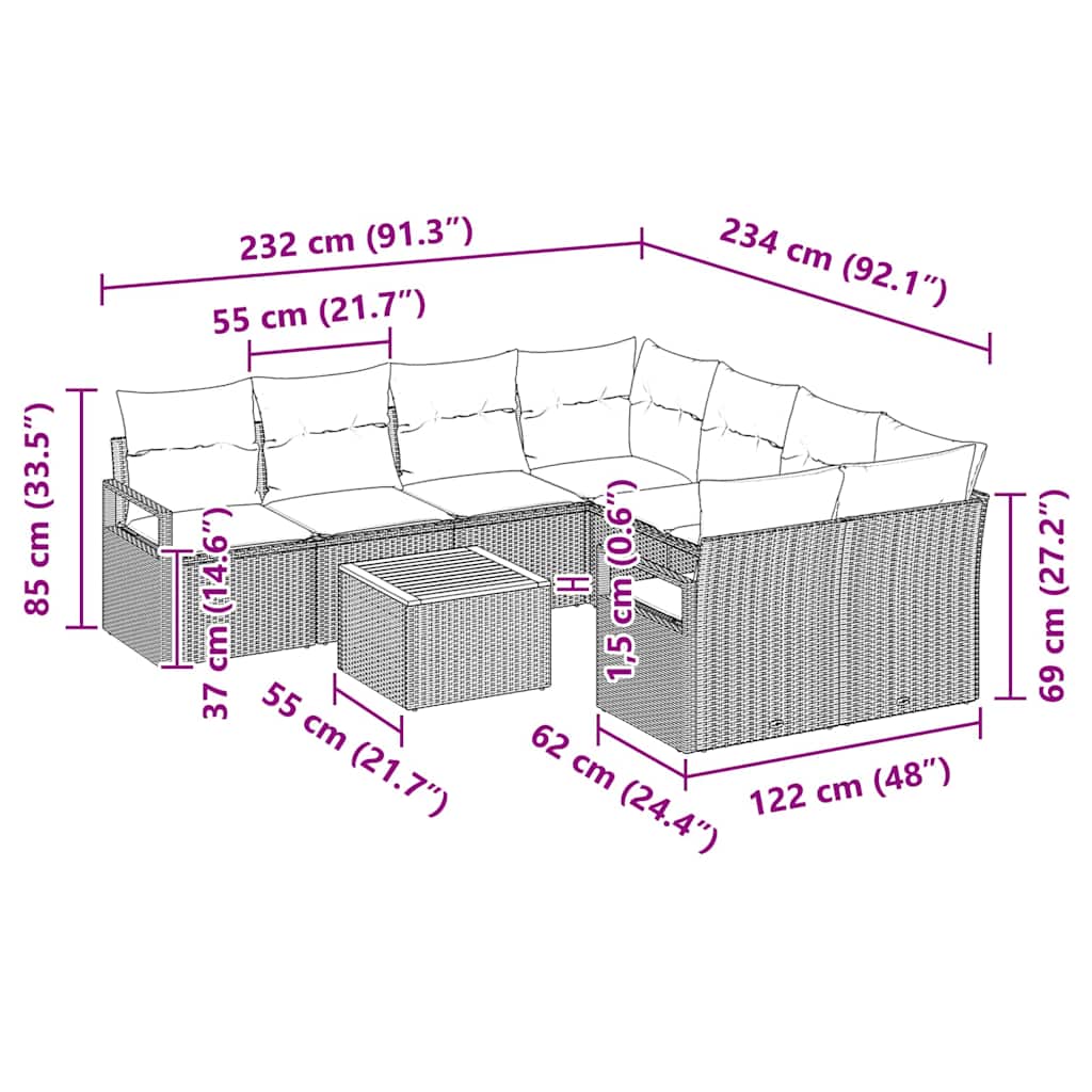 Set Divano da Giardino con cuscino 9 pcs Grigio Poly Rattan - immagine 9