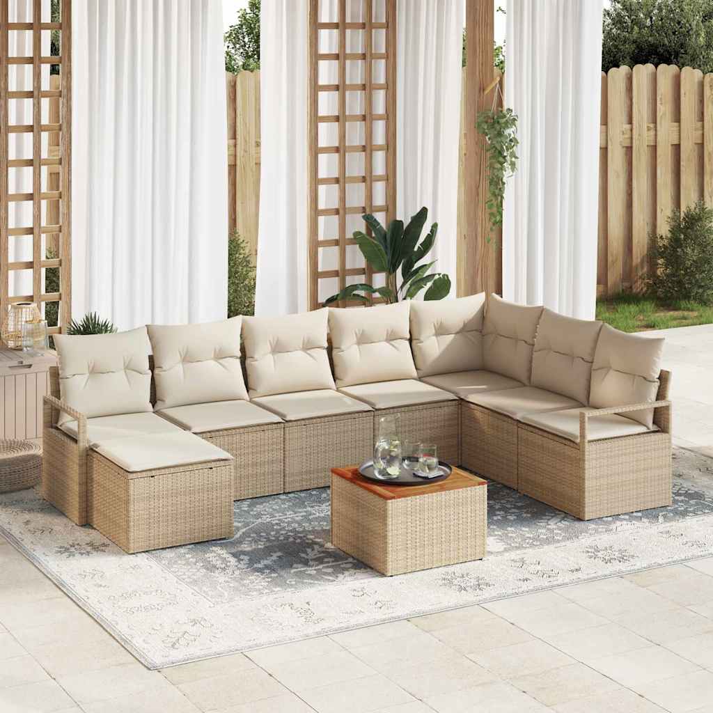 Set Divano da Giardino con cuscino 9 pcs Beige Poly Rattan