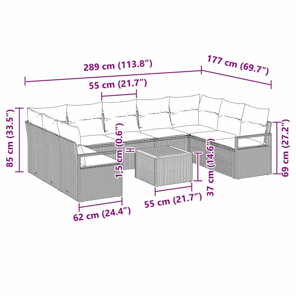 Set Divano da Giardino con cuscino 10 pcs Grigio Poly Rattan - immagine 9