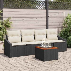 Set Divano da Giardino con cuscino 5 pcs Nero Poly Rattan