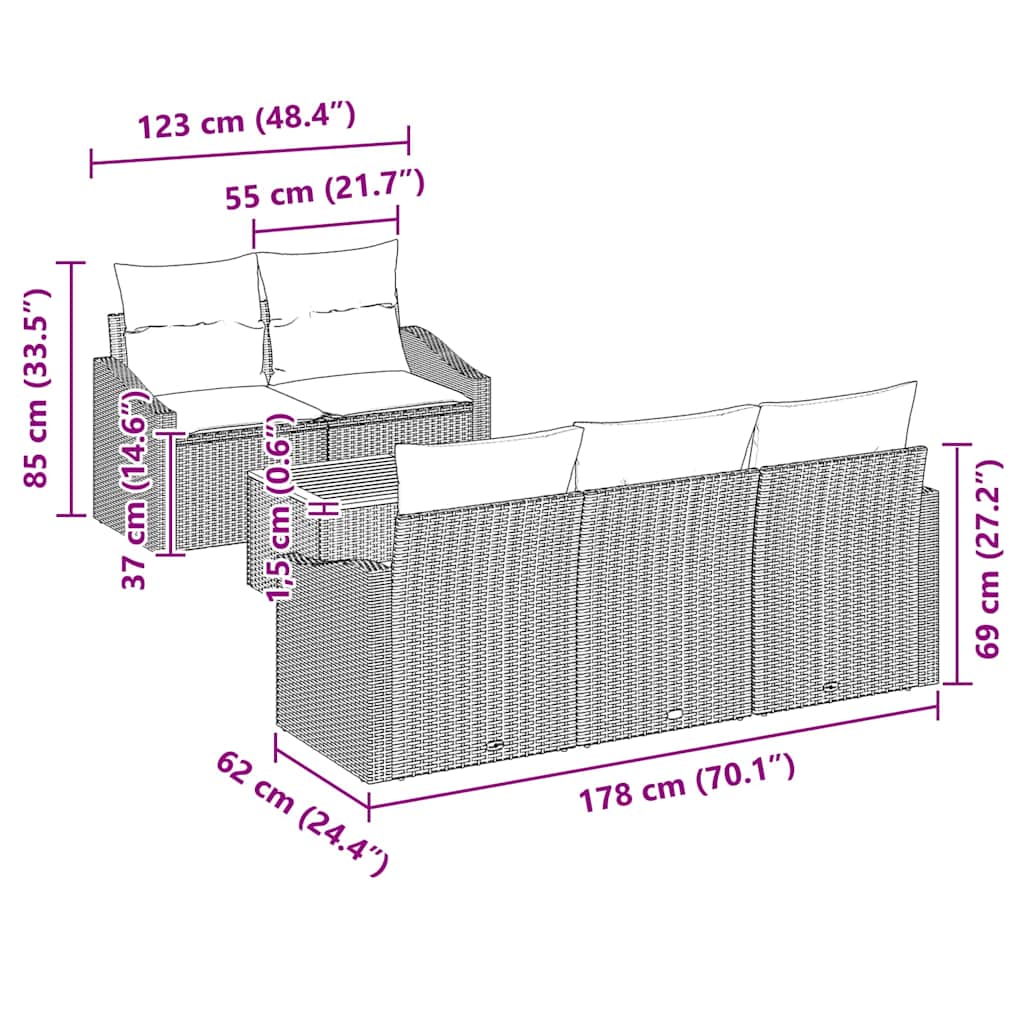 Set Divano da Giardino con cuscino 6 pcs Nero Poly Rattan - immagine 6