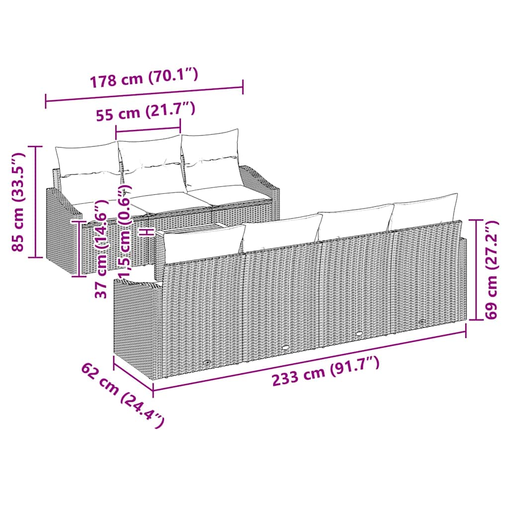 Set Divano da Giardino con cuscino 8 pcs Nero Poly Rattan - immagine 7
