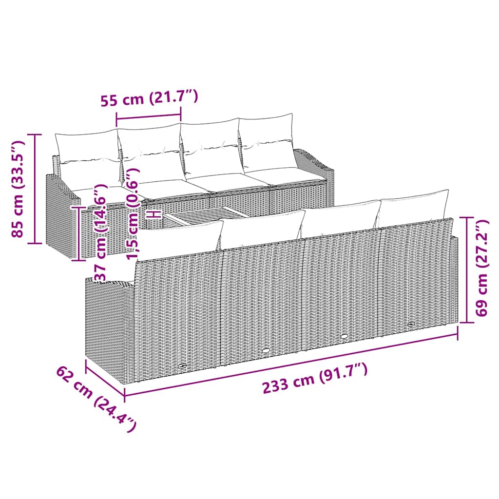 Set Divano da Giardino con cuscino 9 pcs Nero polyrattan - immagine 8