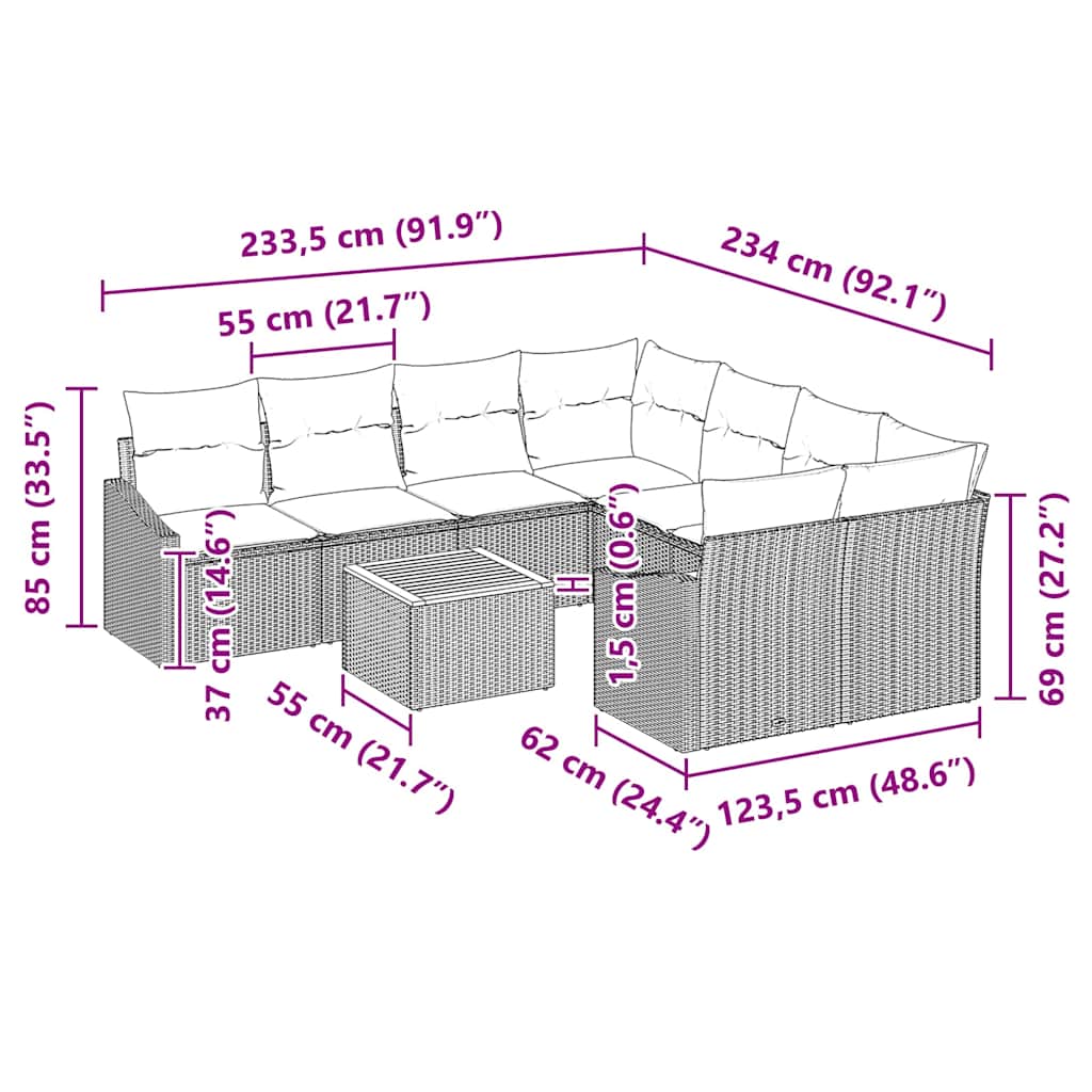 Set Divano da Giardino con cuscino 9 pcs Grigio Poly Rattan - immagine 9