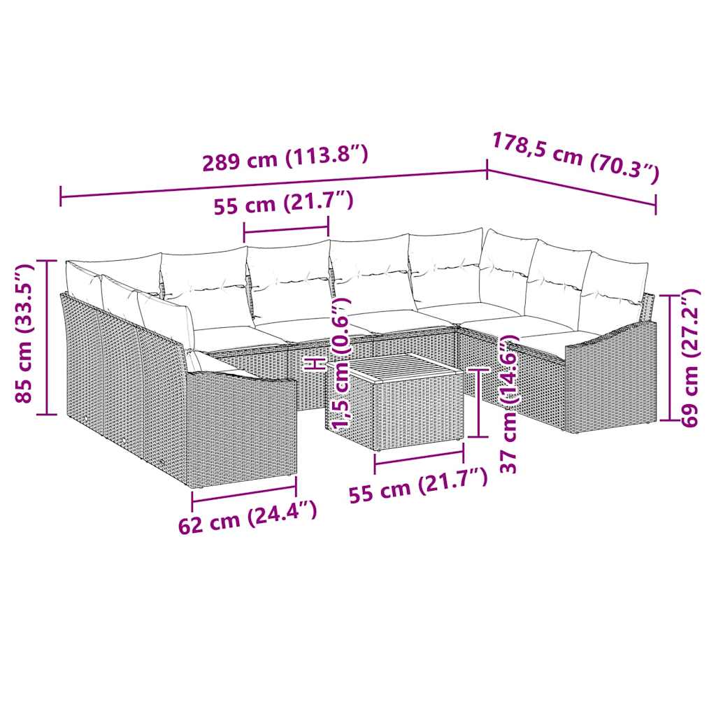 Set Divano da Giardino con cuscino 10 pcs Grigio Poly Rattan - immagine 9